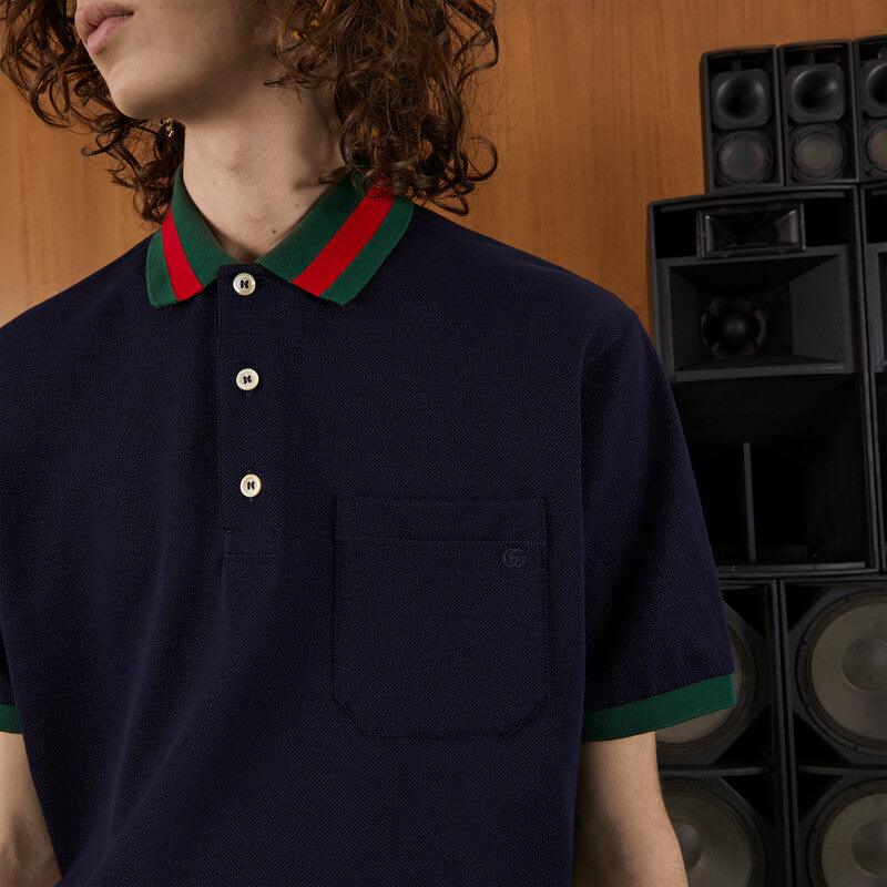 Stretch cotton piquet polo – defined by the contrast stripes on the collar and the Double G symbol, this navy – LUX VERSE Luxury Designer Fashion Outlet