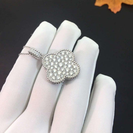 CLOVER LARGE 25MM FULL DIAMOND  NECKLACE  SILVER