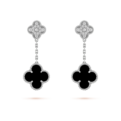 CLOVER 2 MOTIFS  DIAMOND ONYX EARRINGS SILVER