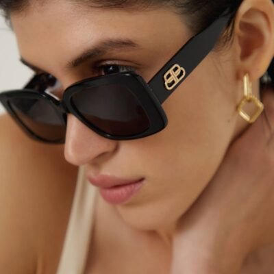 Balenciaga slim rectangular black sunglasses - Lux Studios
